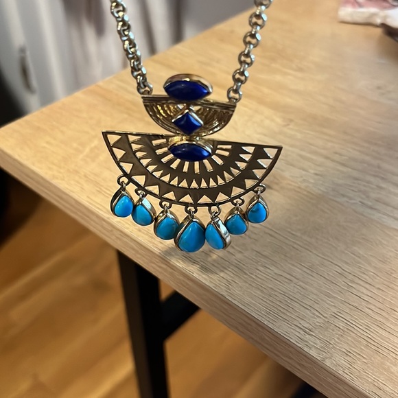 NEW ANTHROPOLOGY BOHEMIAN GOLD & BLUES NECKLACE W DANGLES AND ADJUSTABLE CHAIN - Picture 5 of 6